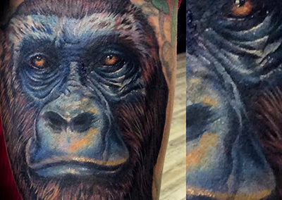 A gorilla tattoo is shown in color.