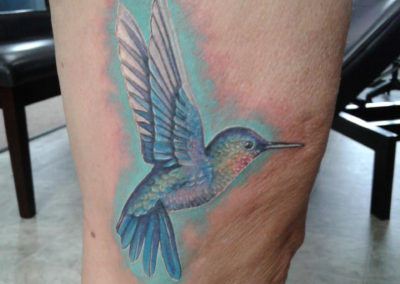 A hummingbird tattoo is shown on the leg.