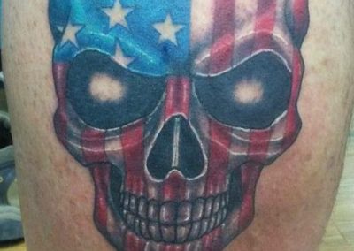 A skull with an american flag on it's face.