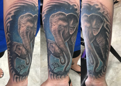 Three elephant tattoos on an arm