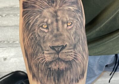 A lion tattoo on the arm of someone