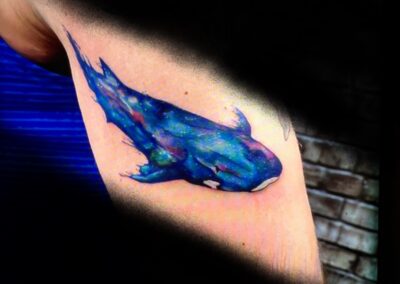 A blue fish tattoo is shown on the arm.